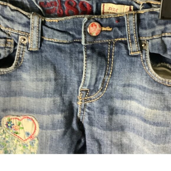 The Childrens Place 1989 Girls 6X Adjustable Waist Patched Capri Denim Jeans Blu - Picture 7 of 14